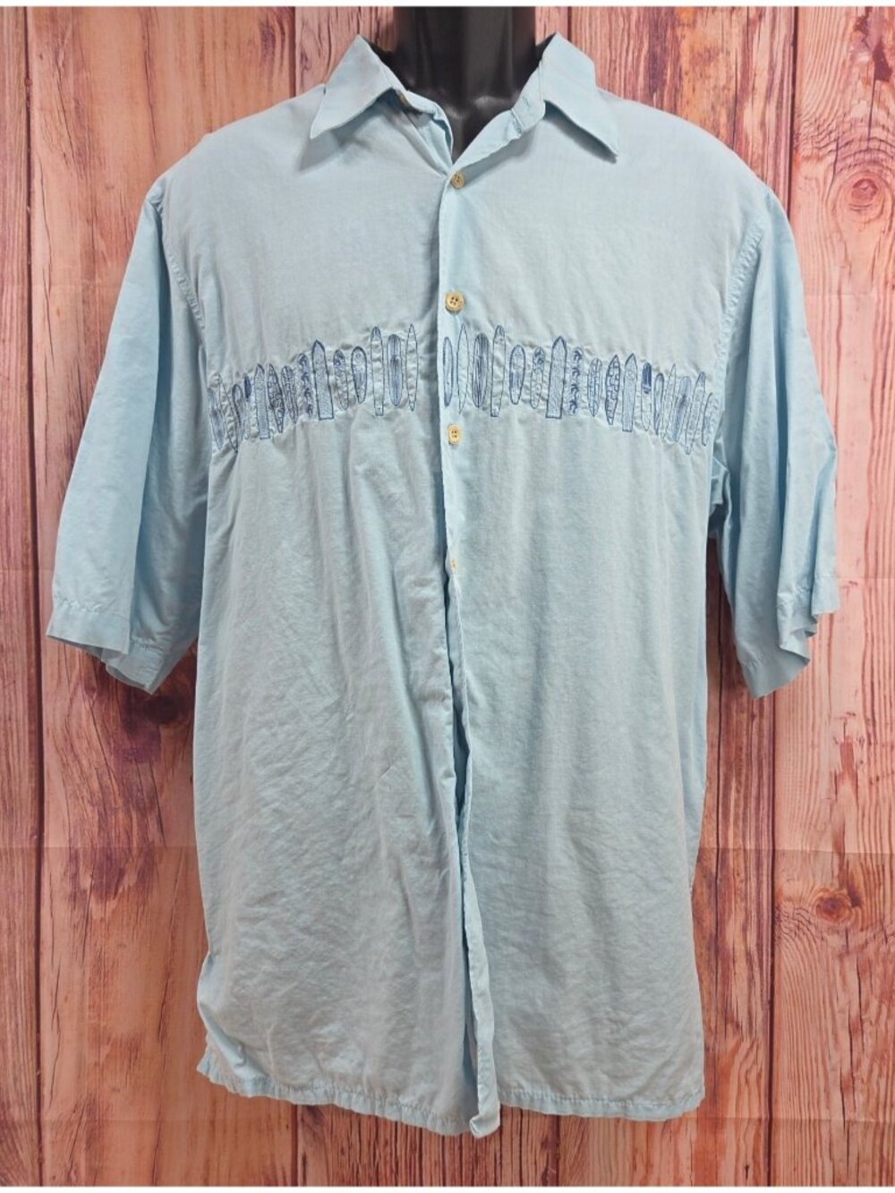 Reyn Spooner Mens Light Blue Hawaiian Shirt Large W/ Surfboard Print